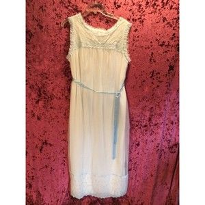 Vintage nightgown maxi dress kaftan white blue lace ribbon sheer slip Komar md